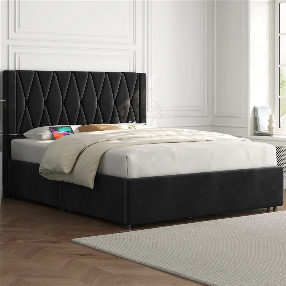 Black Full Upholstered Bed with 4 Storage Drawers H7470