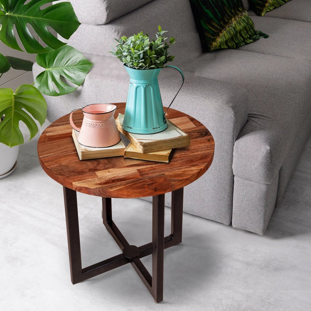 18 Inch Round Acacia Wood Side Table K488