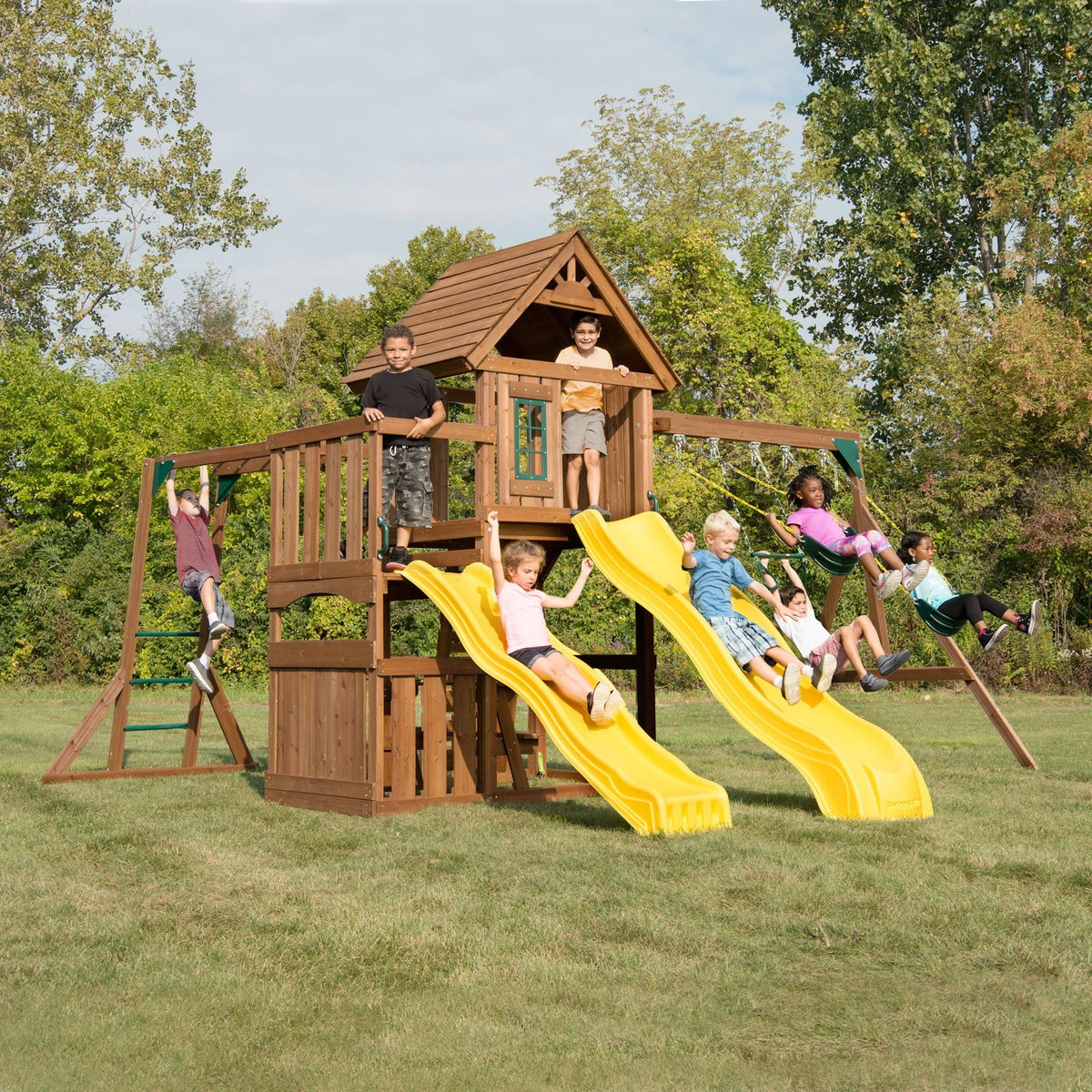 Wooden Backyard Swing Set with Two Yellow Wave Slides J4372