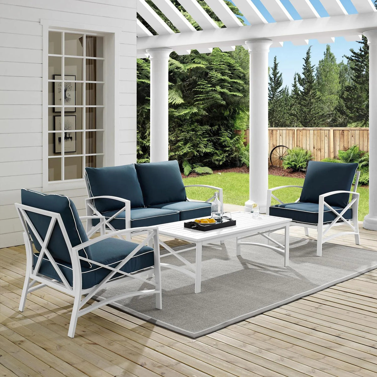 4 Pc Outdoor Metal Conversation Set Navy White A733