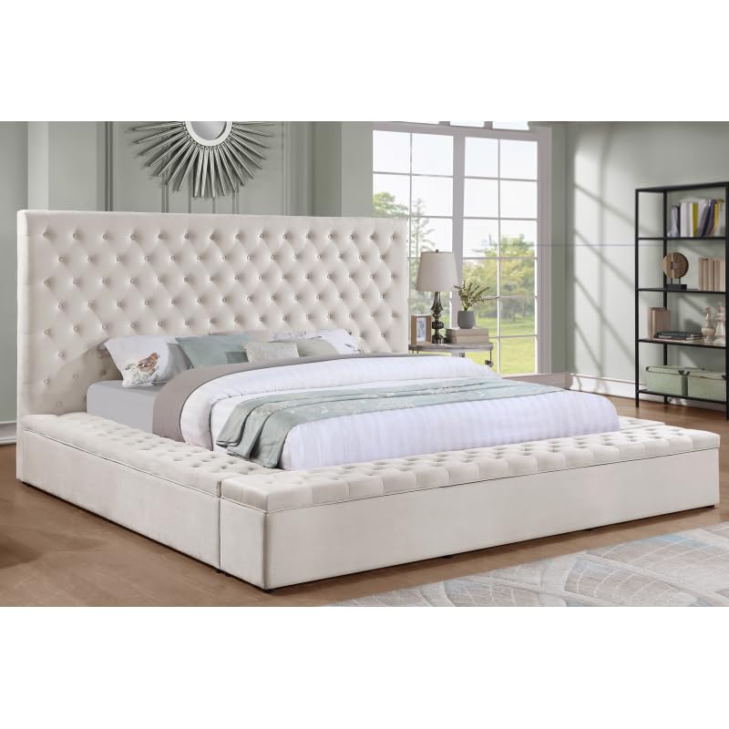 Cream Eastern King Velvet Tufted Storage Bed O133