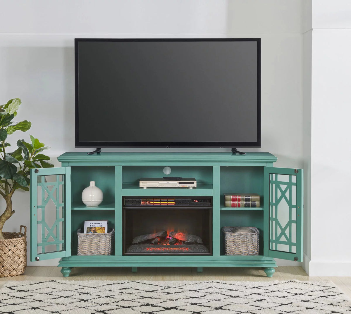 Antique Teal TV Stand with Fireplace E758133