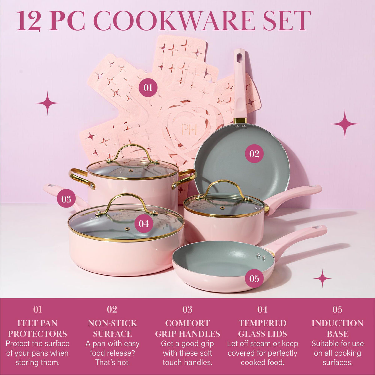 12 Piece Pink Nonstick Cookware Set F84090