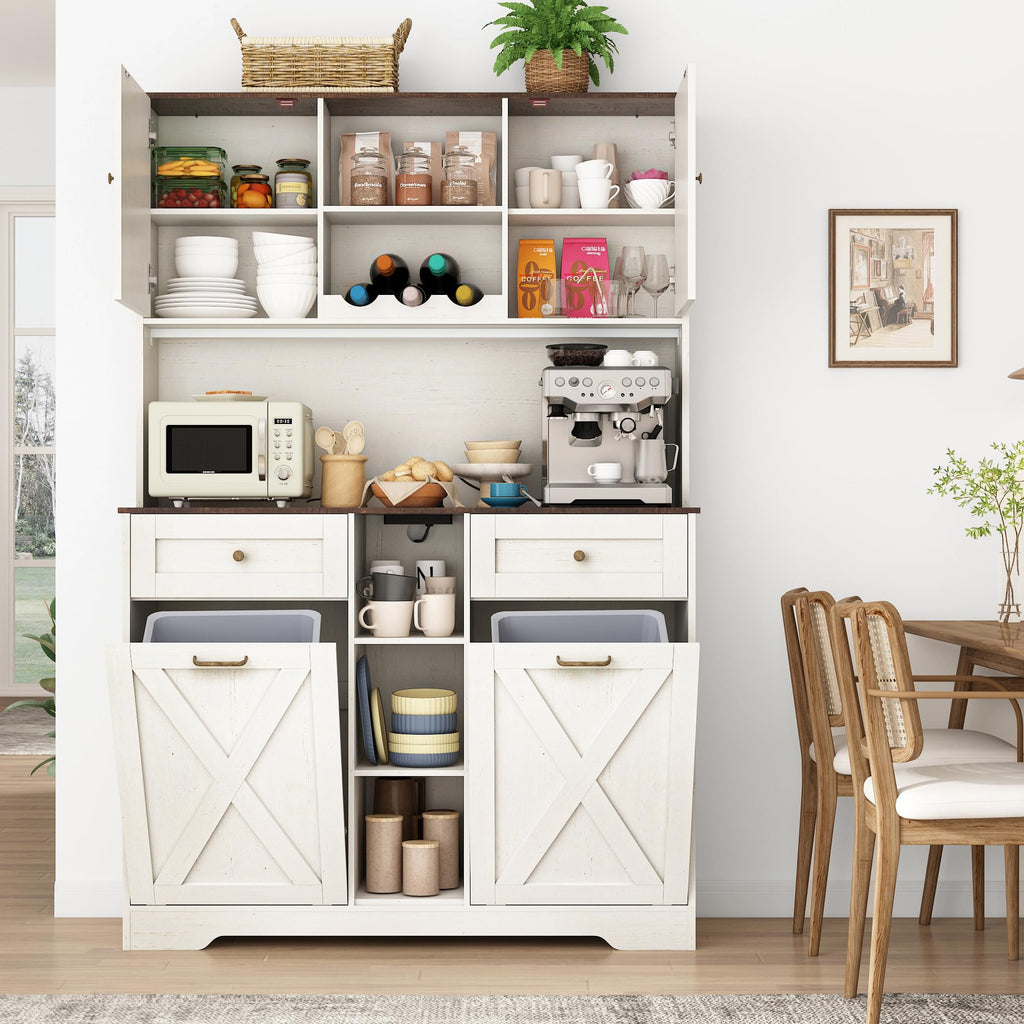 White Kitchen Pantry Storage Cabinet with Power Outlets and Two Drawers X18964