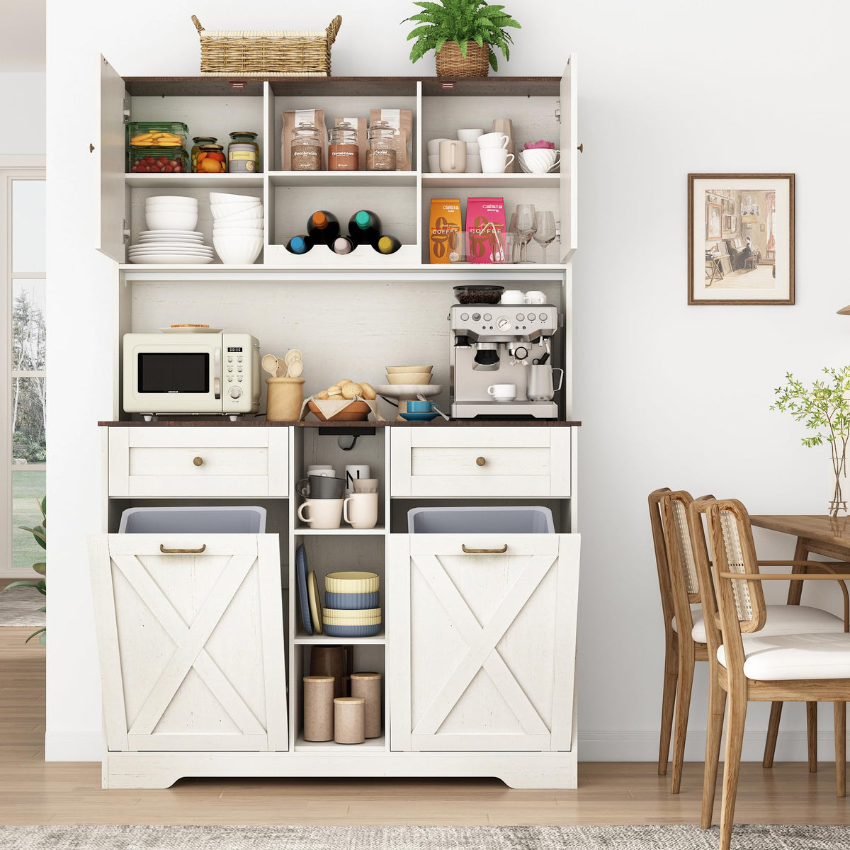 White Kitchen Pantry Storage Cabinet with Power Outlets and Two Drawers X18964