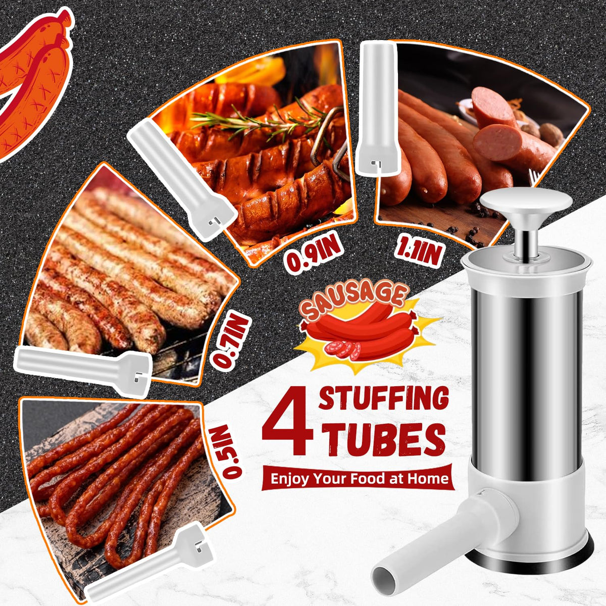 2.2lb Stainless Steel Sausage Stuffer with 4 Stuffing Tubes H744