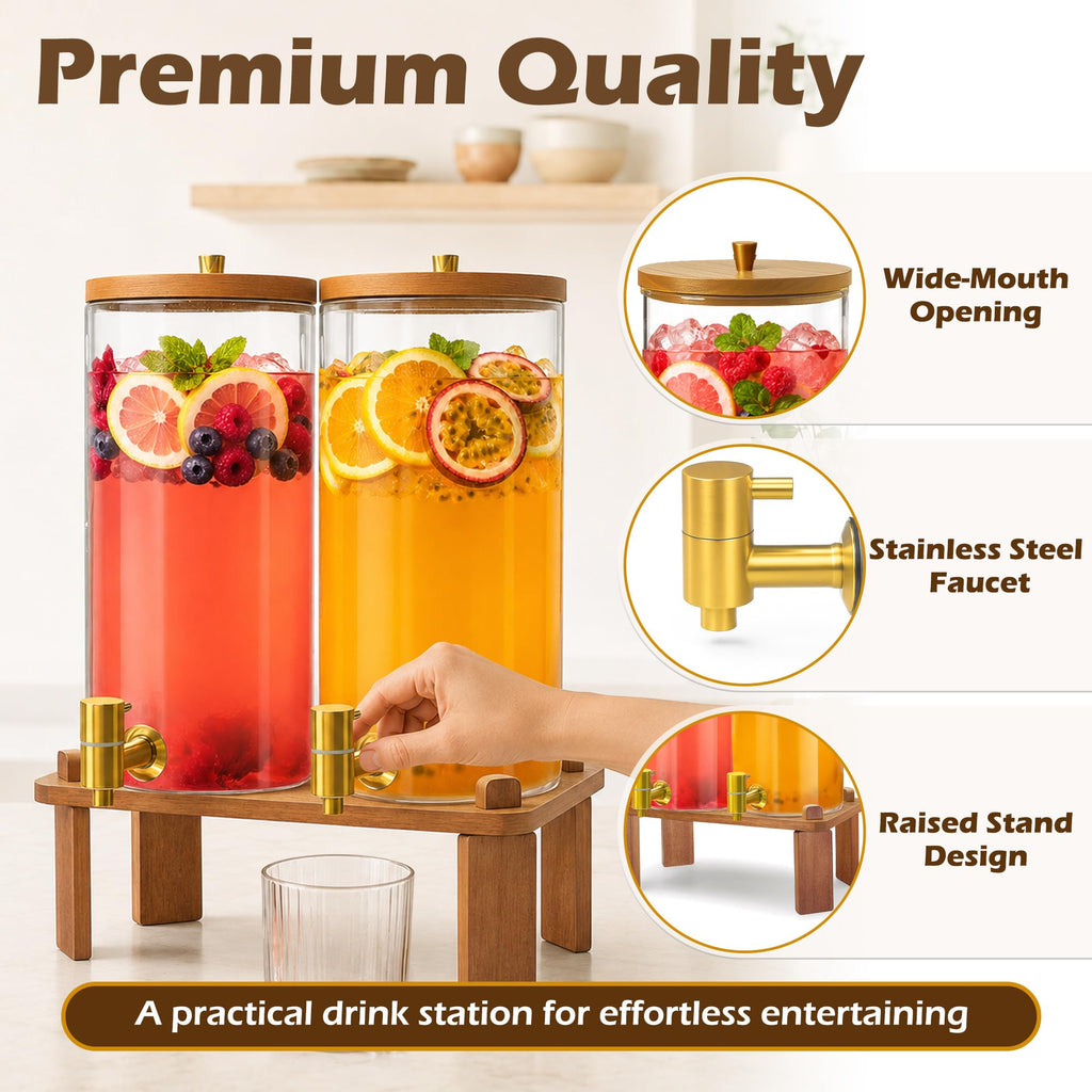 2PCS 1.5 Gallon Glass Beverage Dispenser with Wood Stand C489