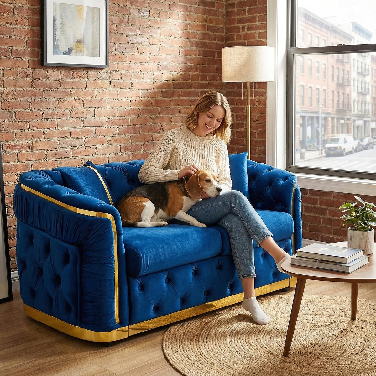 Blue and Gold Velvet Button Tufted Loveseat Sofa H49047