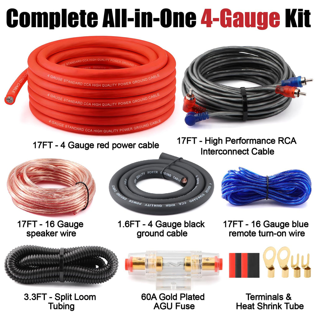 4 Gauge Audio Amplifier Wiring Kit 1200W CCA with Fuse & RCA B95194