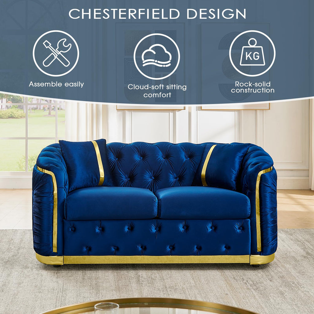 Blue and Gold Velvet Button Tufted Loveseat Sofa H49047