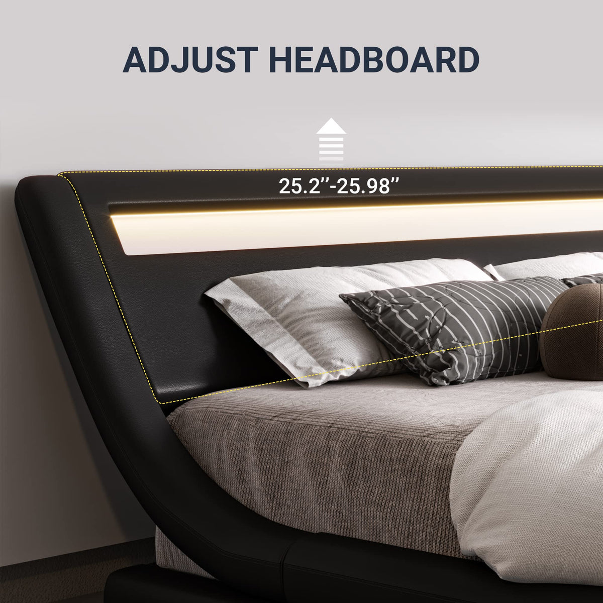 Queen Size LED Platform Bed Frame with Adjustable Headboard, Black H527512