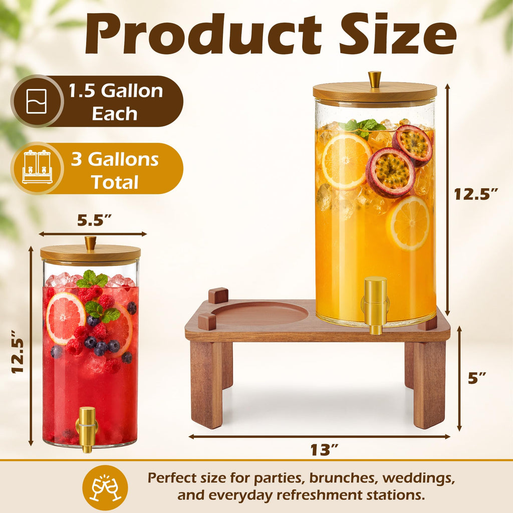 2PCS 1.5 Gallon Glass Beverage Dispenser with Wood Stand C489