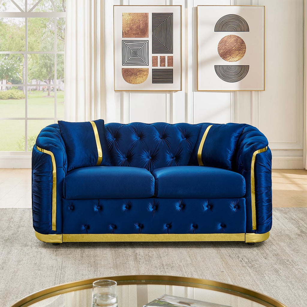 Blue and Gold Velvet Button Tufted Loveseat Sofa H49047