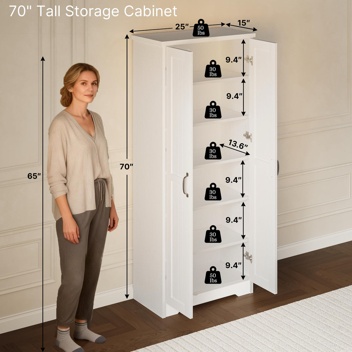 70" Tall Wood Storage Cabinet with 6 Adjustable Shelves V874460