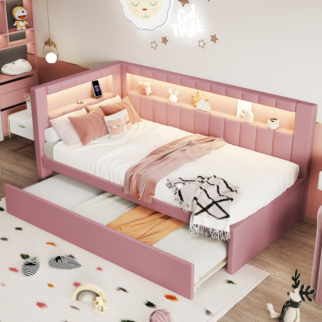 Twin Size Linen Fabric Daybed with Trundle and USB Ports R340
