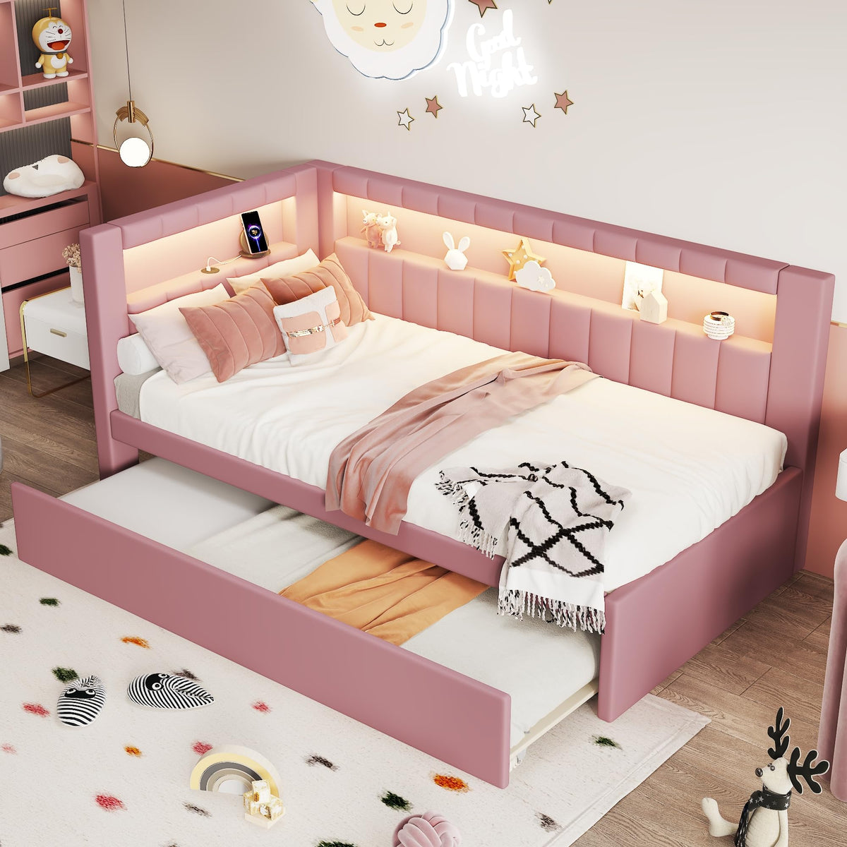 Twin Size Linen Fabric Daybed with Trundle and USB Ports R340