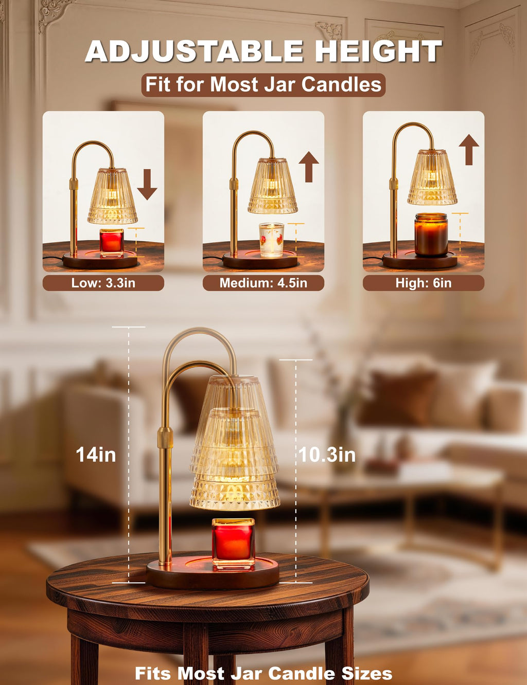Candle Warmer Lamp with Dimmer & Timer, Adjustable Height, Amber-gold K66013