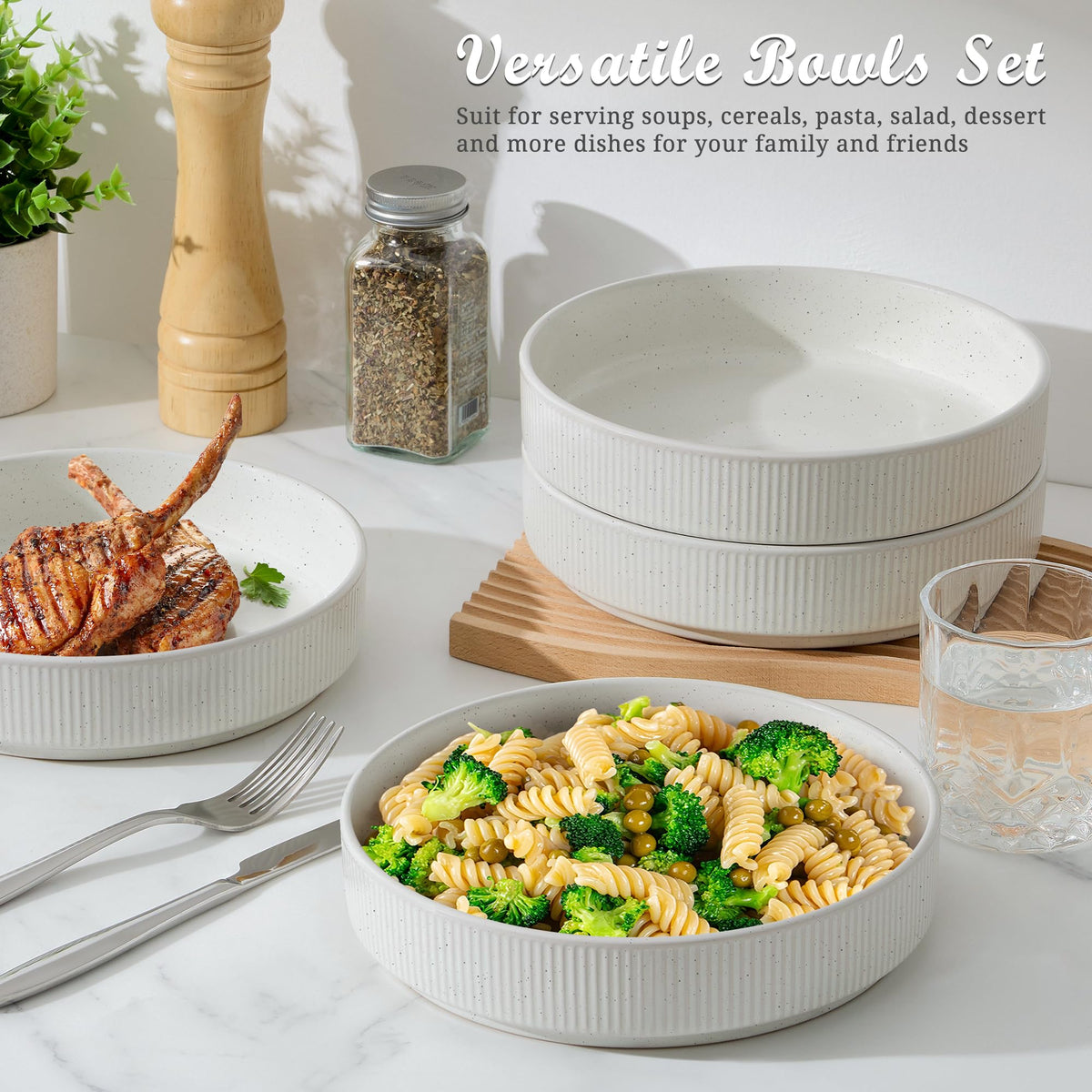 Pasta Bowls Set of 4, 35oz Ceramic, White, 8" D718