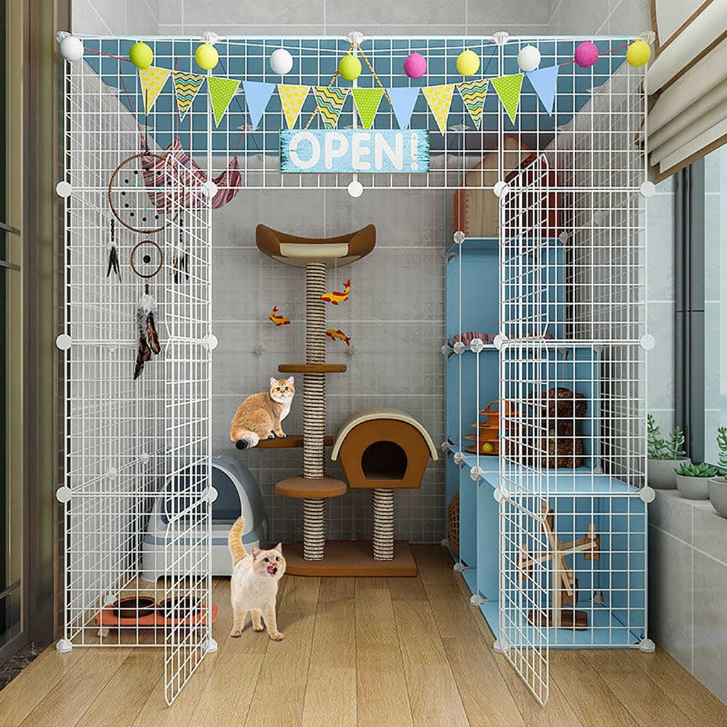 Large Cat Cage Indoor Cat Playpen Detachable Metal Cat Kennels with Ramp Ladders Hammock and Bed Black J394783