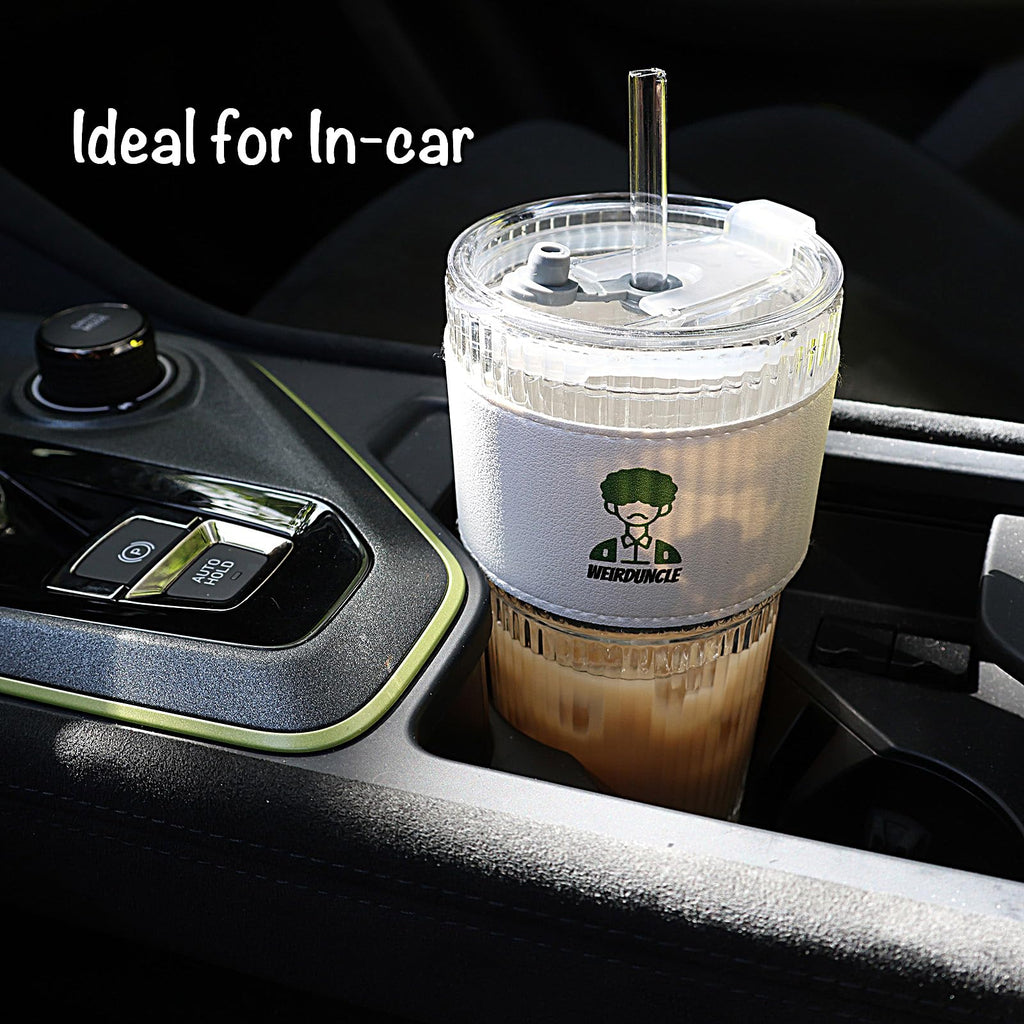 Set of 2 Ribbed Glass Tumbler with Lids and Straws Y65516