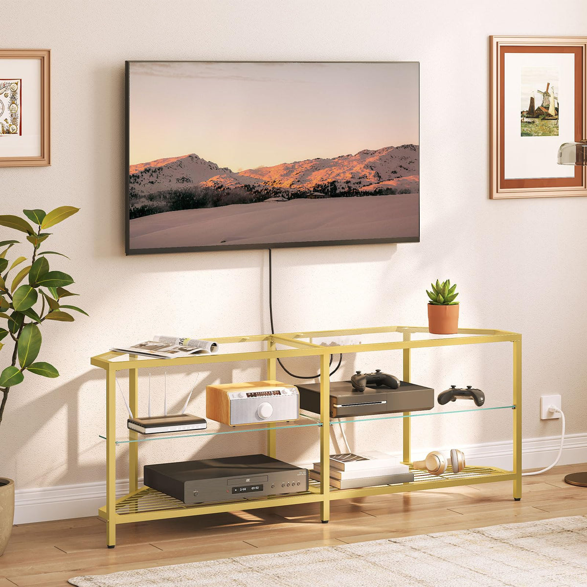 Corner TV Stand with Power Outlet, 55" Tempered Glass G154719