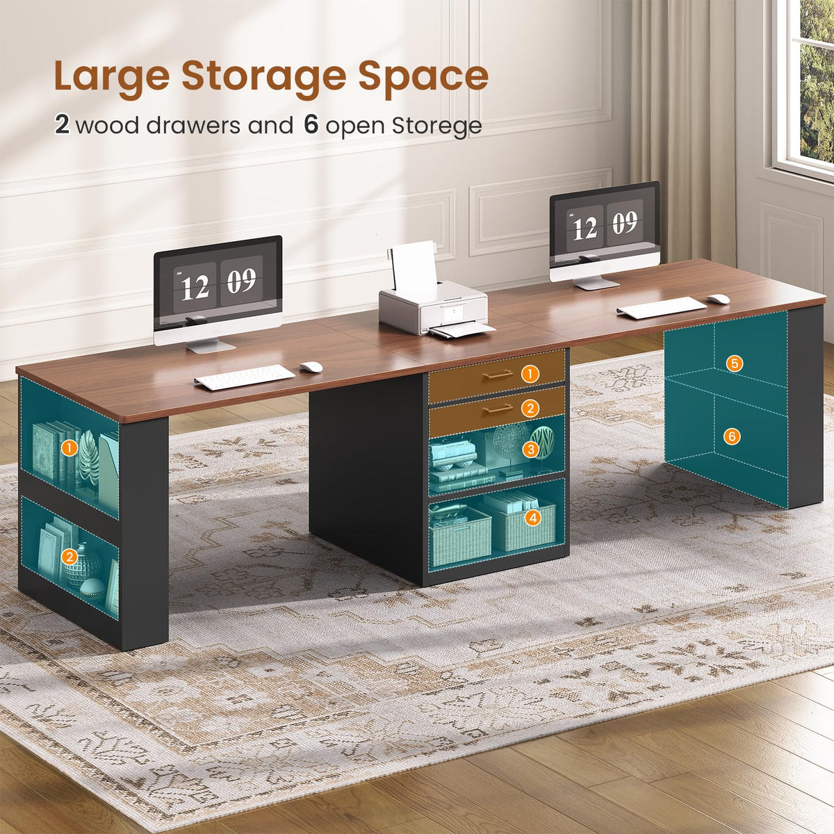 90.5" 2 Person Computer Desk with Storage Drawers Black C839703