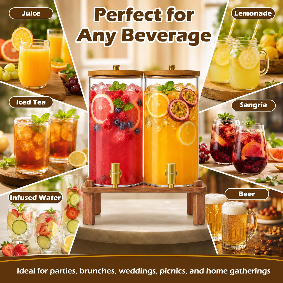 2PCS 1.5 Gallon Glass Beverage Dispenser with Wood Stand C489