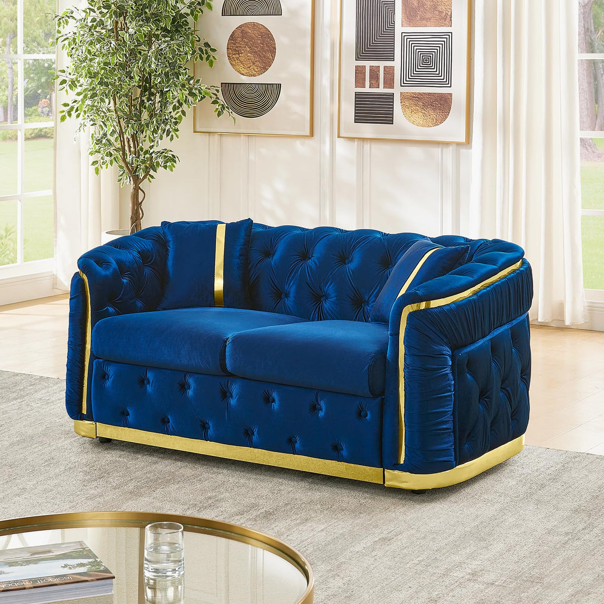 Blue and Gold Velvet Button Tufted Loveseat Sofa H49047