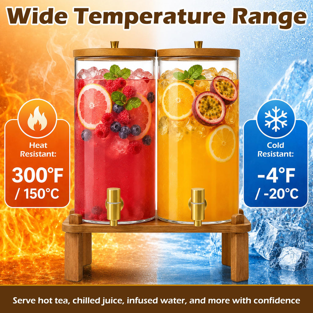 2PCS 1.5 Gallon Glass Beverage Dispenser with Wood Stand C489