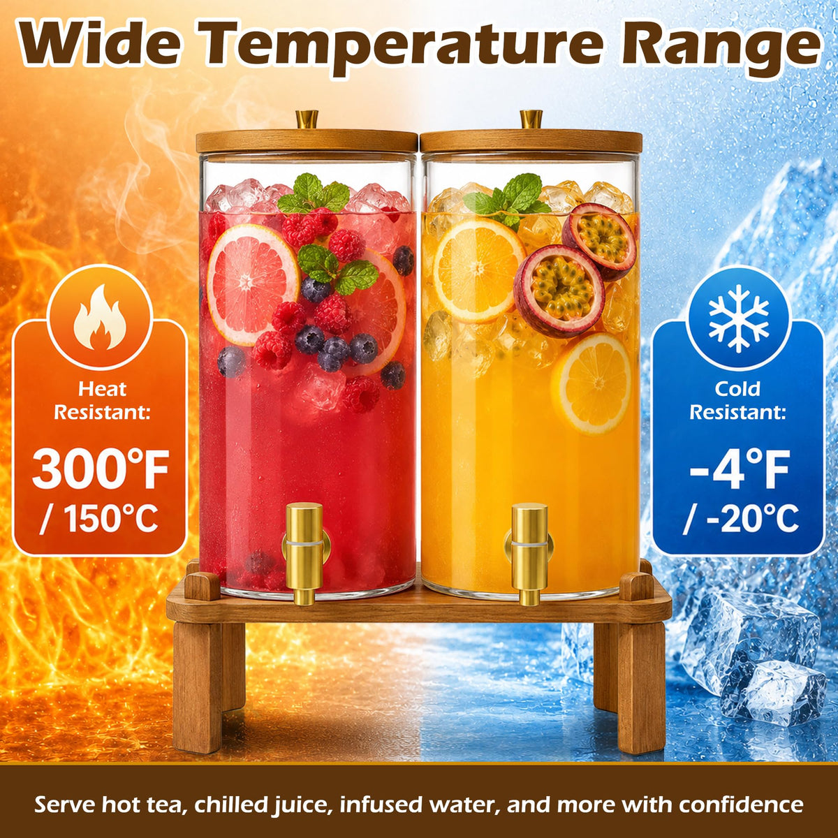2PCS 1.5 Gallon Glass Beverage Dispenser with Wood Stand C489