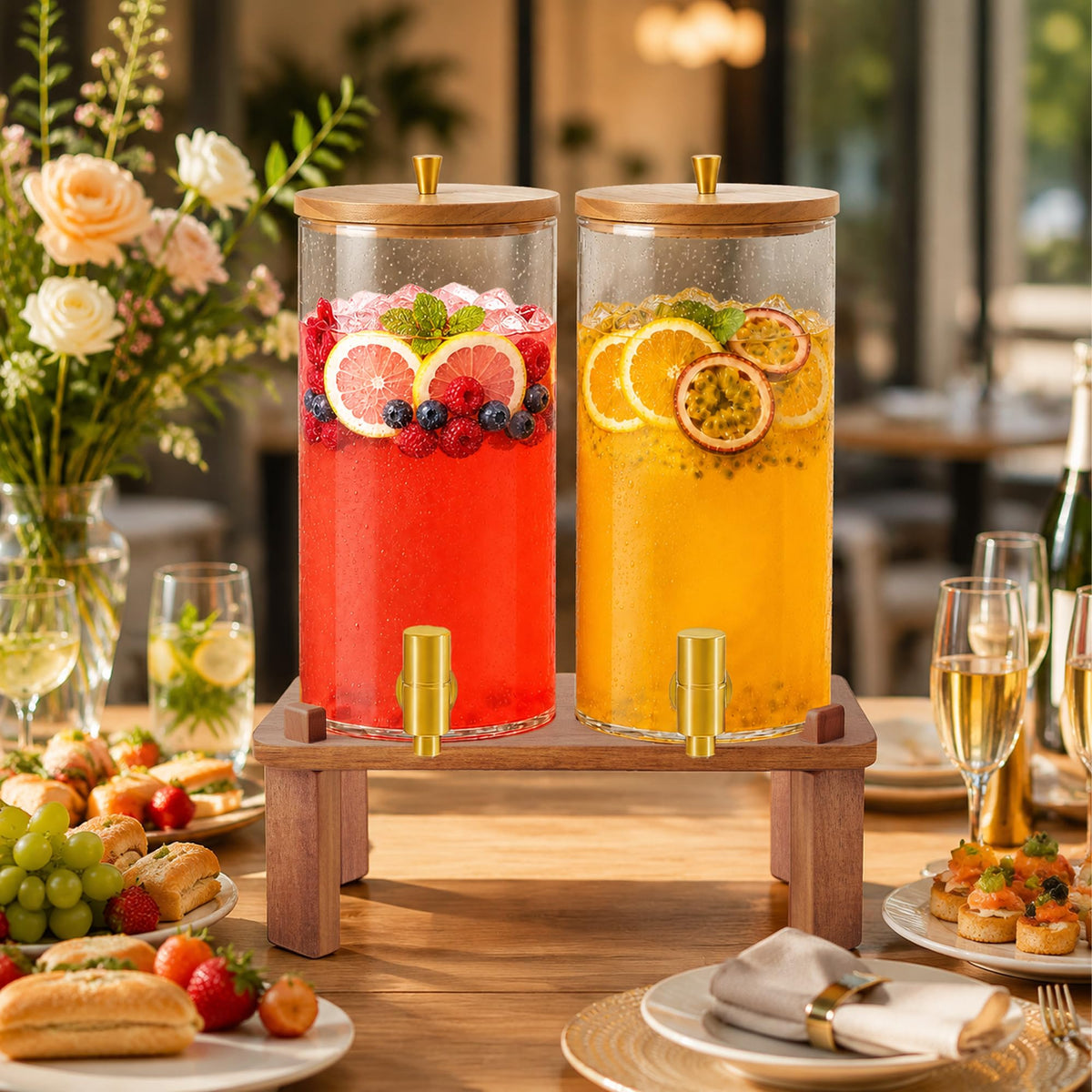 2PCS 1.5 Gallon Glass Beverage Dispenser with Wood Stand C489