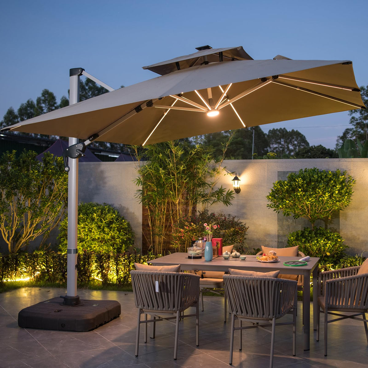 10 FT Square Cantilever Patio Umbrella with Solar LED Lights and Cross Base, Khaki D252935