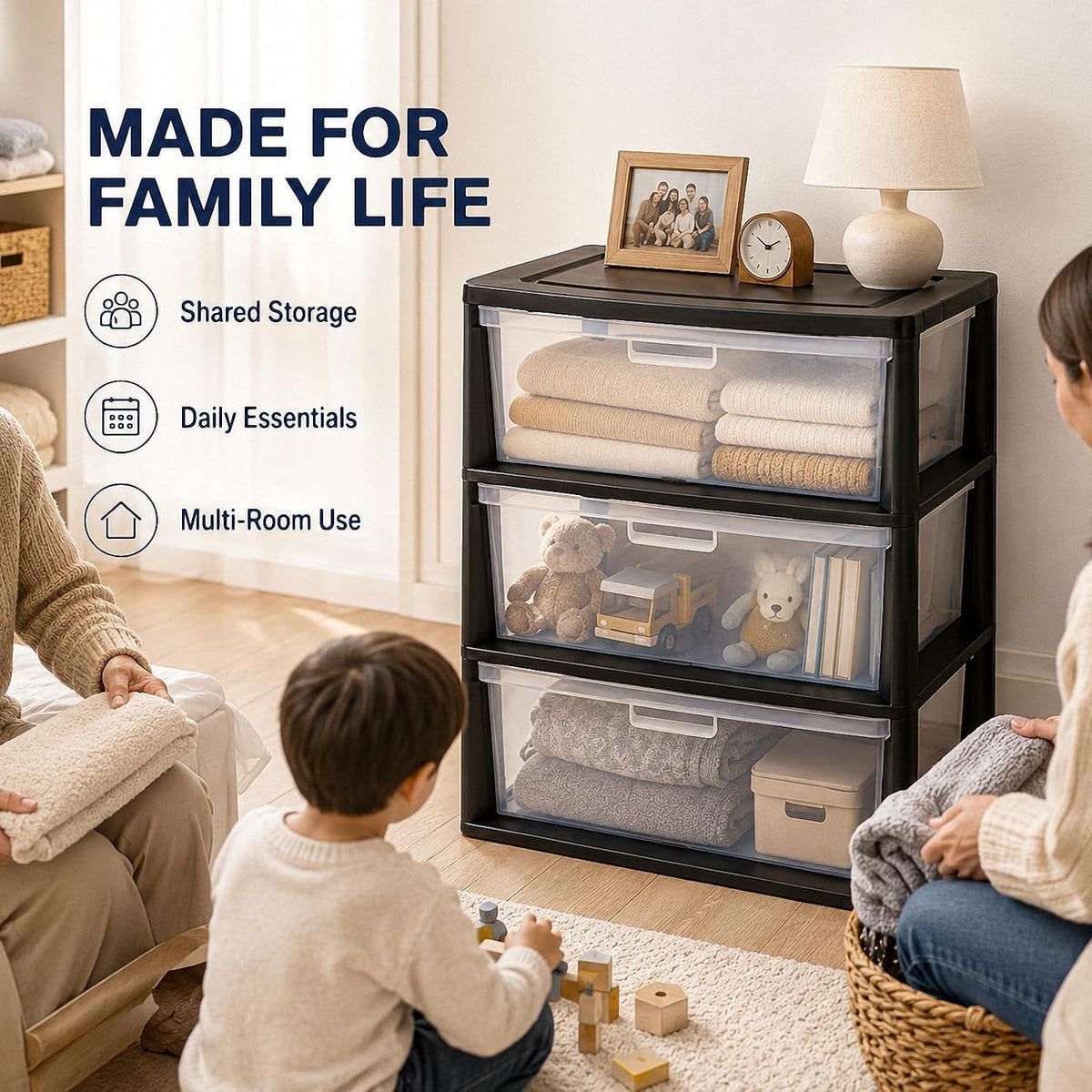 Black 3 Drawer Plastic Storage Tower K61155