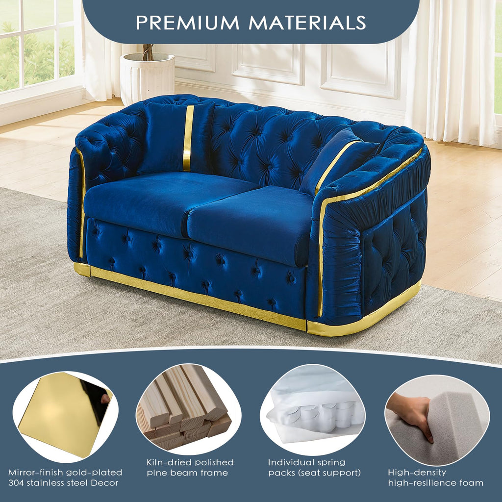 Blue and Gold Velvet Button Tufted Loveseat Sofa H49047
