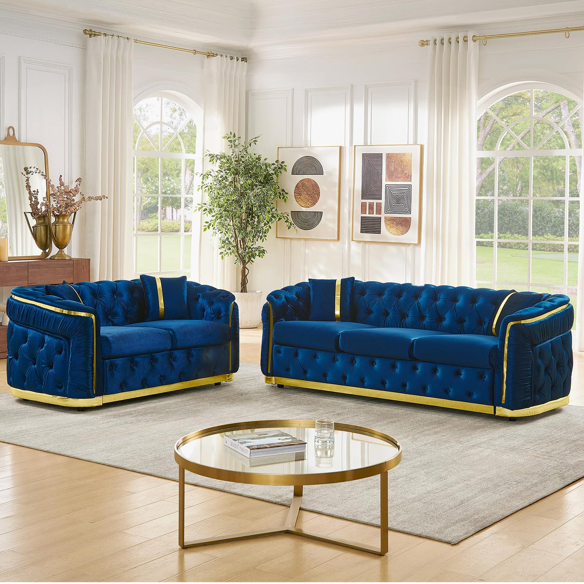 Blue and Gold Velvet Button Tufted Loveseat Sofa H49047
