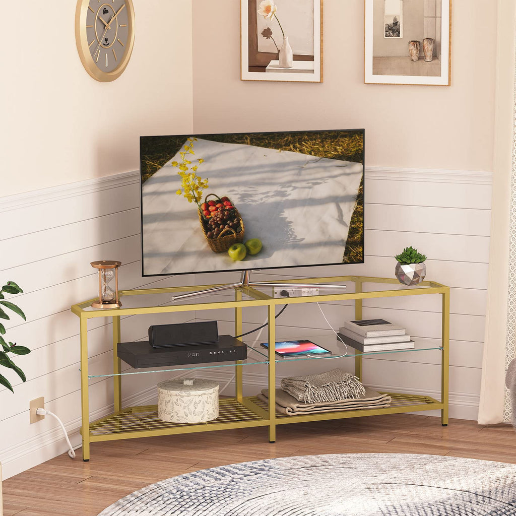 Corner TV Stand with Power Outlet, 55" Tempered Glass G154719