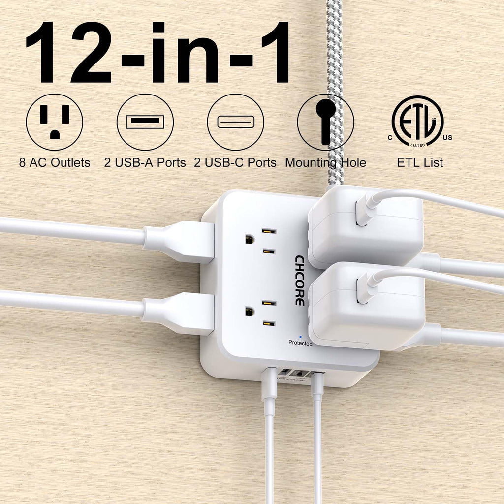 5Ft Braided Extension Cord Power Strip with 8 Outlets and 4 USB Ports, White W1257