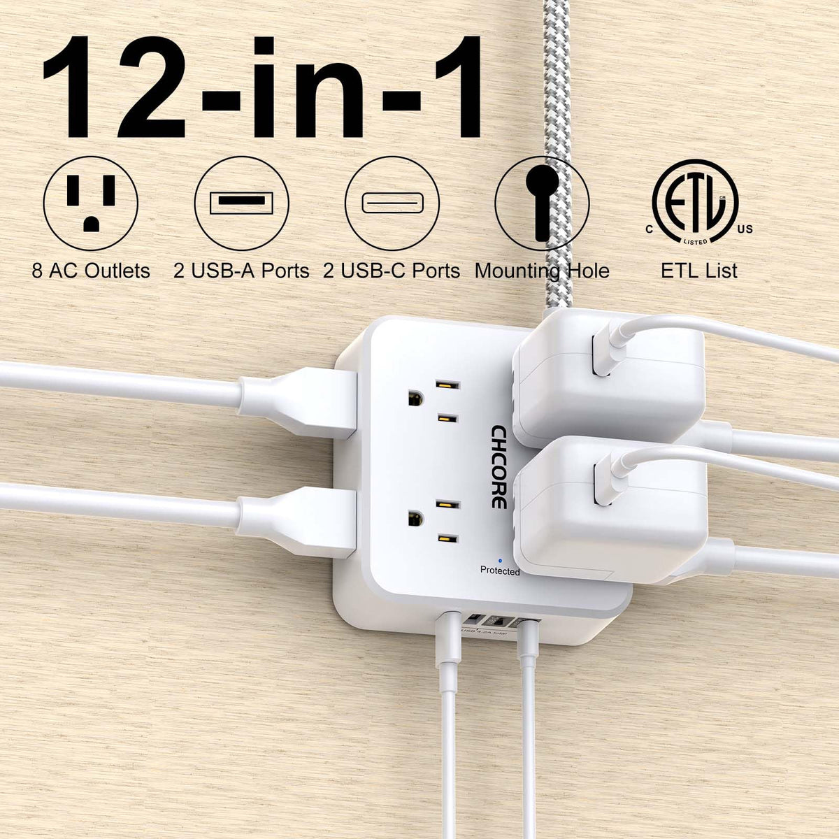 5Ft Braided Extension Cord Power Strip with 8 Outlets and 4 USB Ports, White W1257