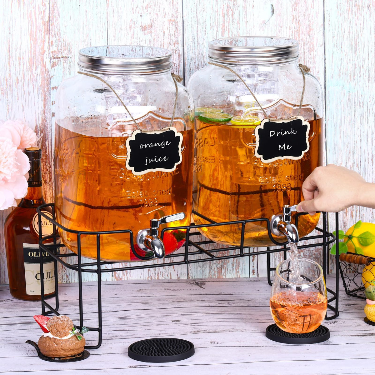 2 Pcs 2 Gallon Glass Beverage Dispenser with Stand J904448