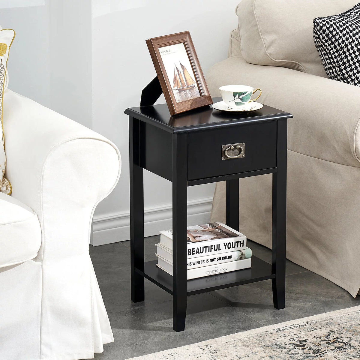 Black 1-Drawer Nightstand with Storage Shelf K4763