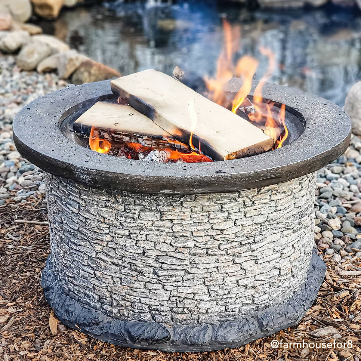 32 in. Stone Wood Burning Fire Pit with Steel Mesh Spark Screen and Fire Poker B1536