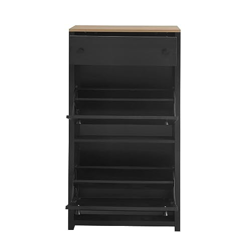 Black Narrow Shoes Cabinet with 2 Adjustable Shelves and Top Drawer U94773
