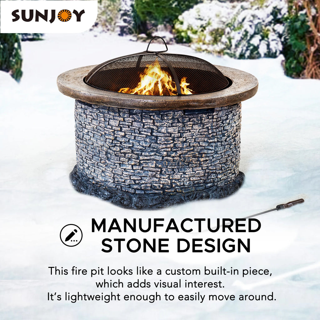 32 in. Stone Wood Burning Fire Pit with Steel Mesh Spark Screen and Fire Poker B1536