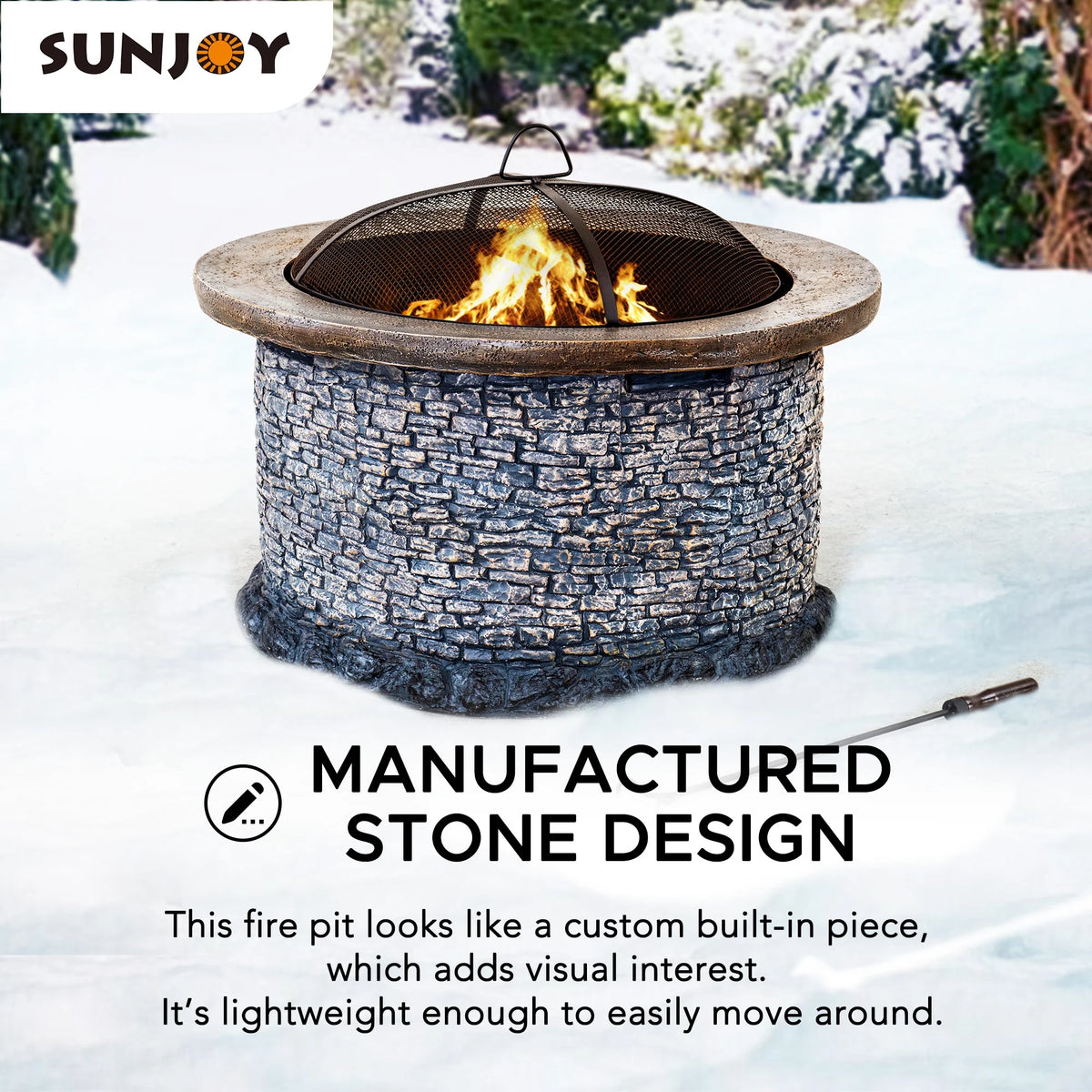 32 in. Stone Wood Burning Fire Pit with Steel Mesh Spark Screen and Fire Poker B1536