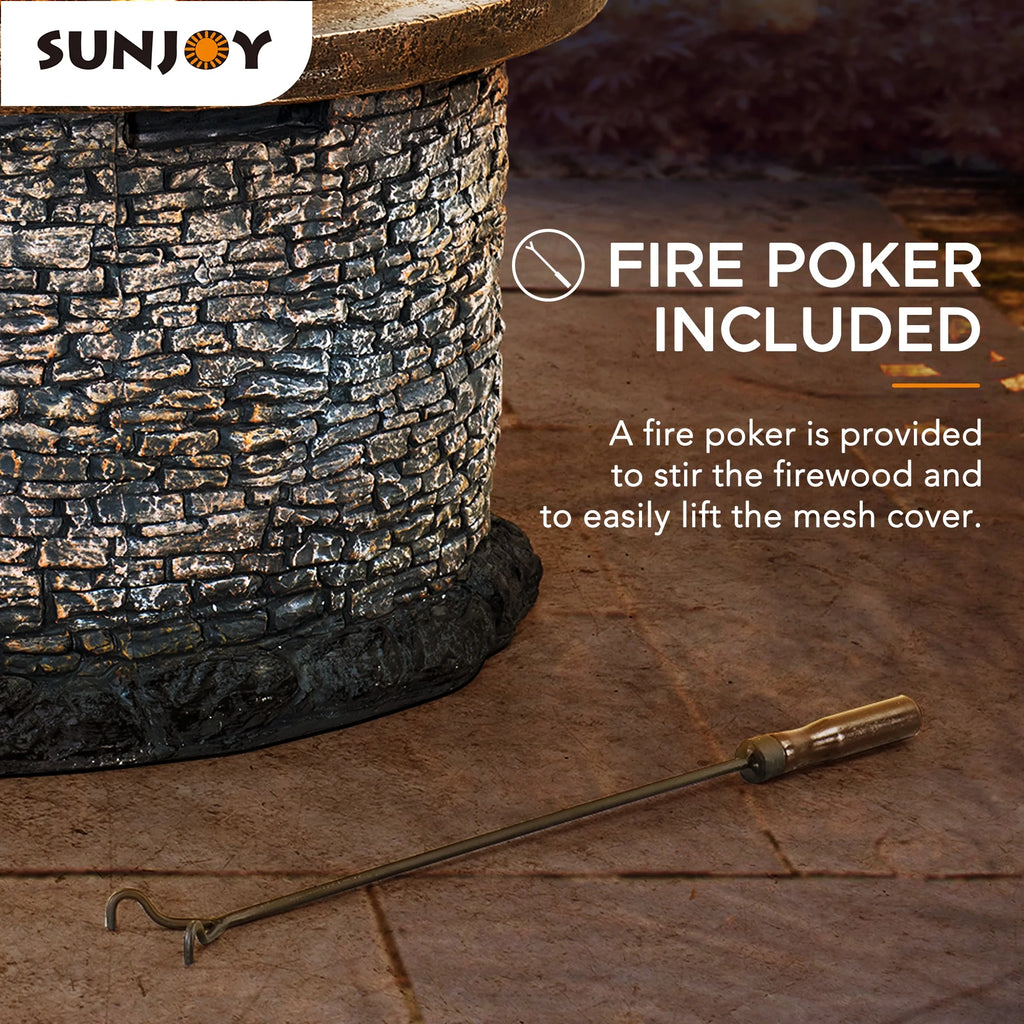 32 in. Stone Wood Burning Fire Pit with Steel Mesh Spark Screen and Fire Poker B1536