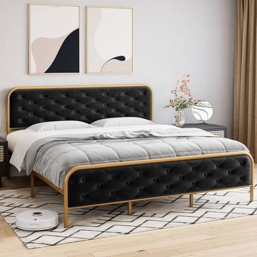 Queen Size Velvet Upholstered Bed Frame with Button Tufted Headboard, Gold-Black T14159