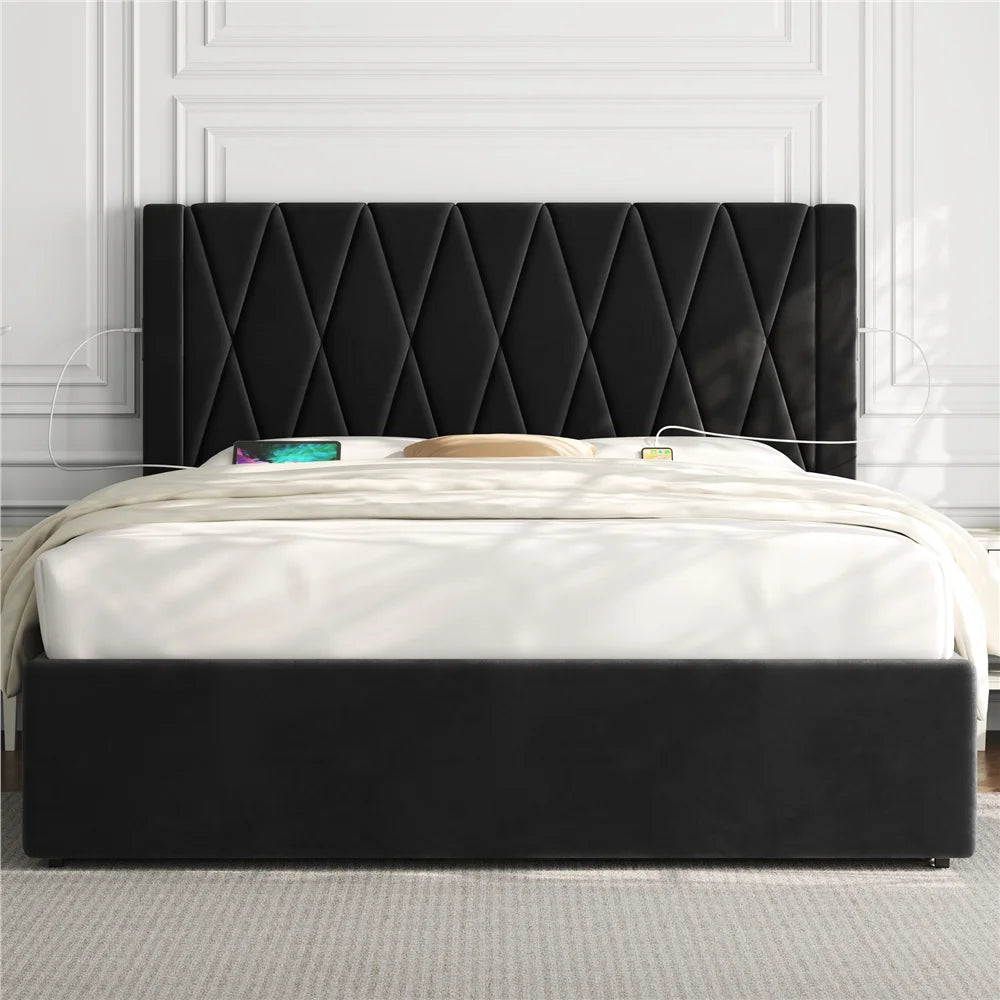 Black Full Upholstered Bed with 4 Storage Drawers H7470