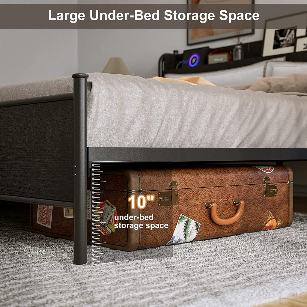 California King Metal and Wood Platform Bed Frame with Storage Shelf Headboard and Charging Station C964