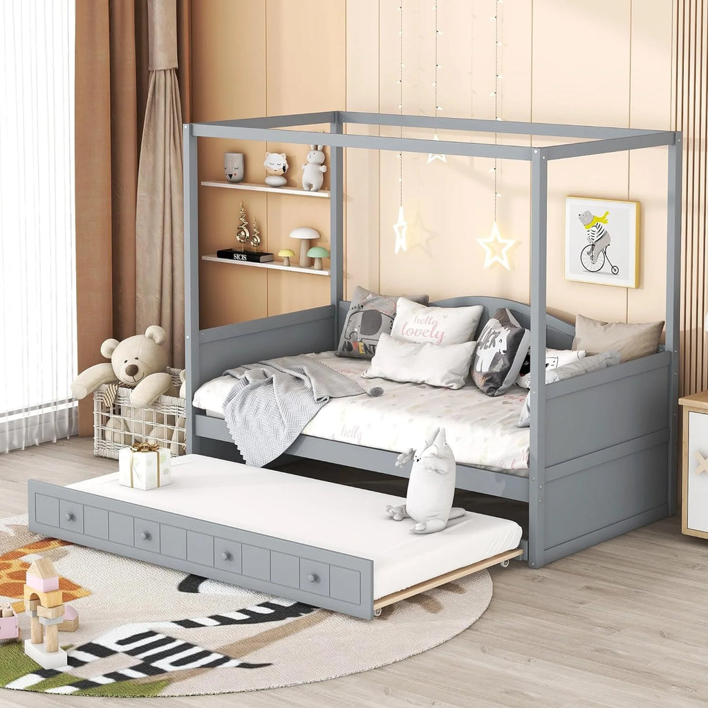 Gray Wooden Canopy Bed with Trundle L514