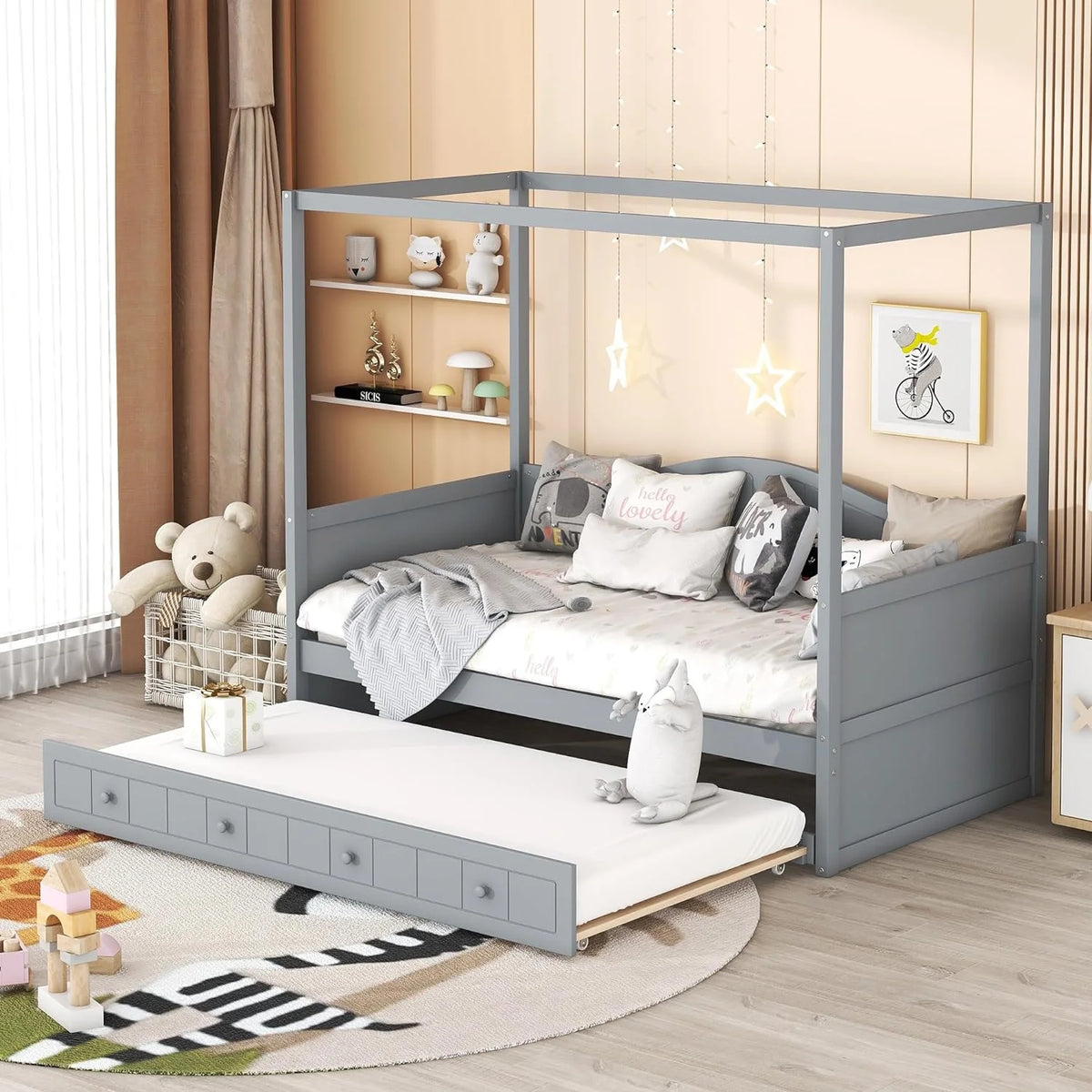Gray Wooden Canopy Bed with Trundle L514